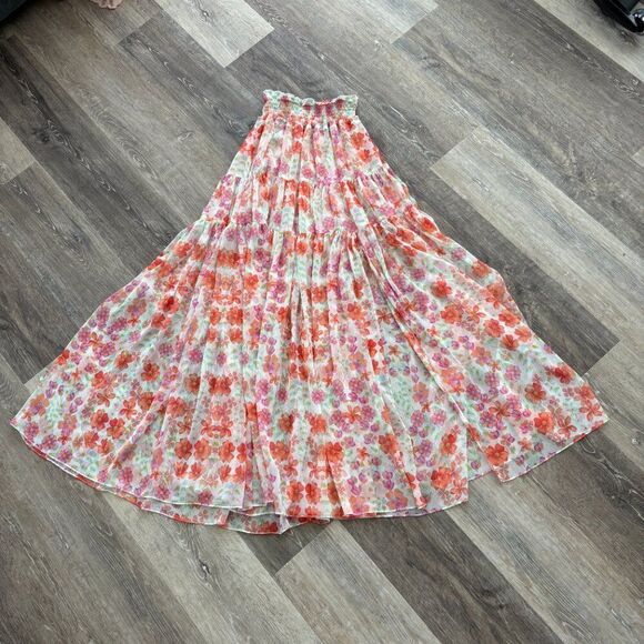 MISA Los Angeles Floral Tiered Maxi Skirt S Boho Smocked Waist Flowy Resort Vaca - Picture 1 of 11
